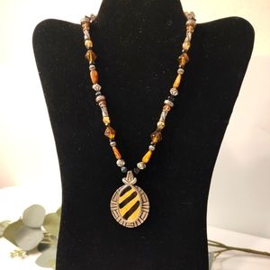 Chico's brown, silver and black glass and stone tribal necklace w/ large pendant